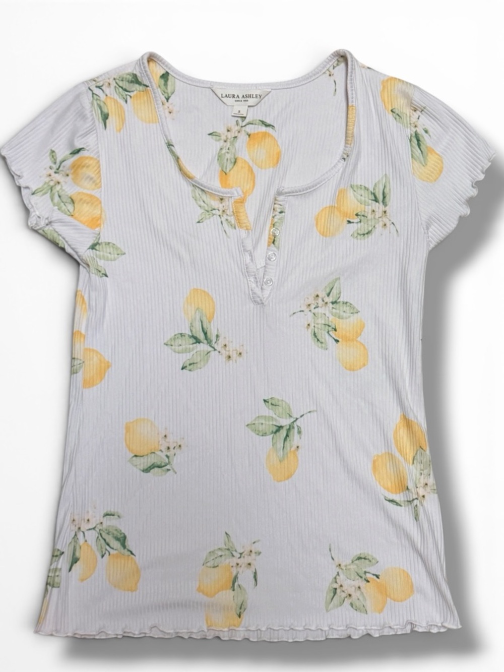 Laura Ashley Lemon Print Ribbed Top Cottagecore Loungewear Henley Size S